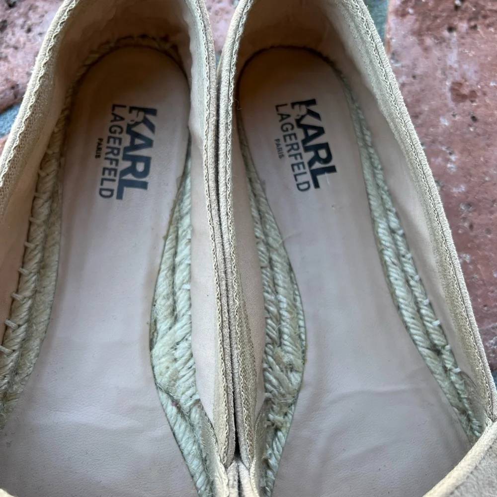 Karl Lagerfeld🛍Neutral Khaki Canvas Espadrilles Sequin Floral Detail🛍EUC - Picture 6 of 9